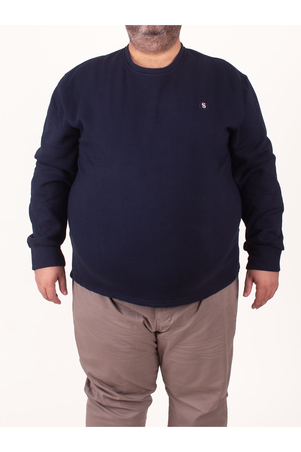 Büyük Beden Erkek Battal Lacivert Basic Sweatshirt Bisiklet Yaka
