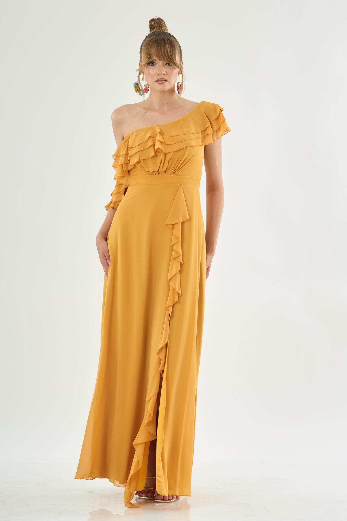 Carmen-Saffron Chiffon Shoulder Flounce Slit Evening Dress 3