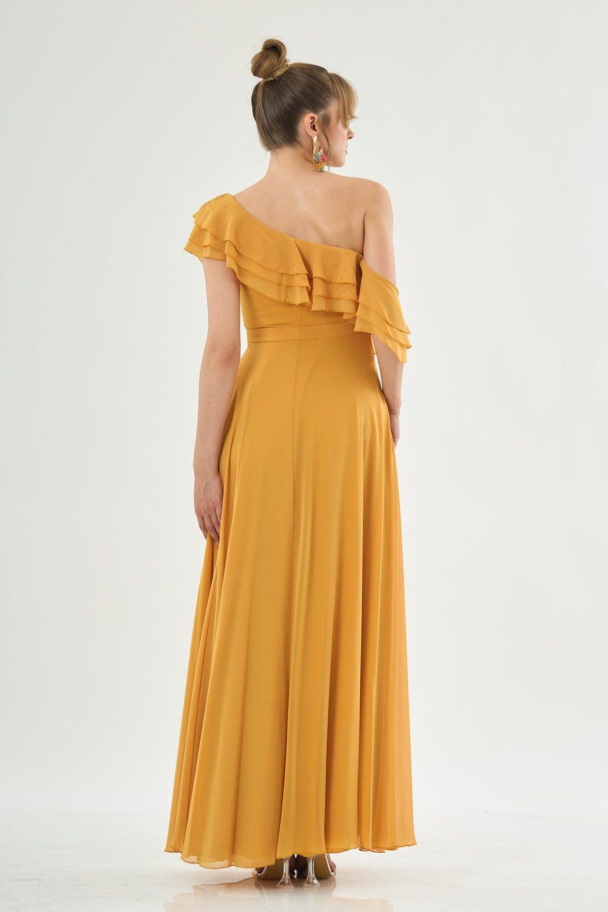 Carmen-Saffron Chiffon Shoulder Flounce Slit Evening Dress 5