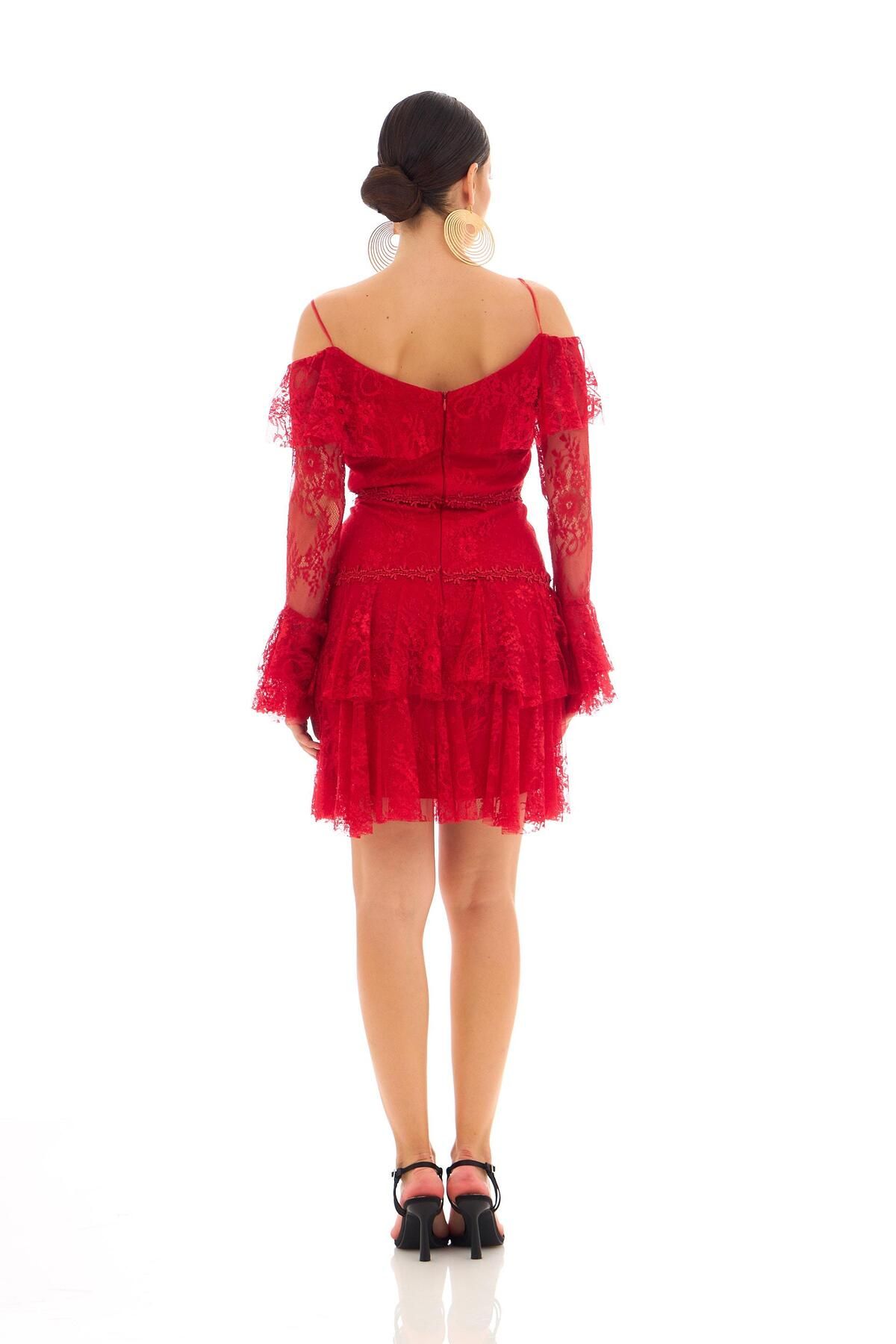 Carmen-Rochie de seară scurtă cu mânecă lungă din dantelă rosie 5