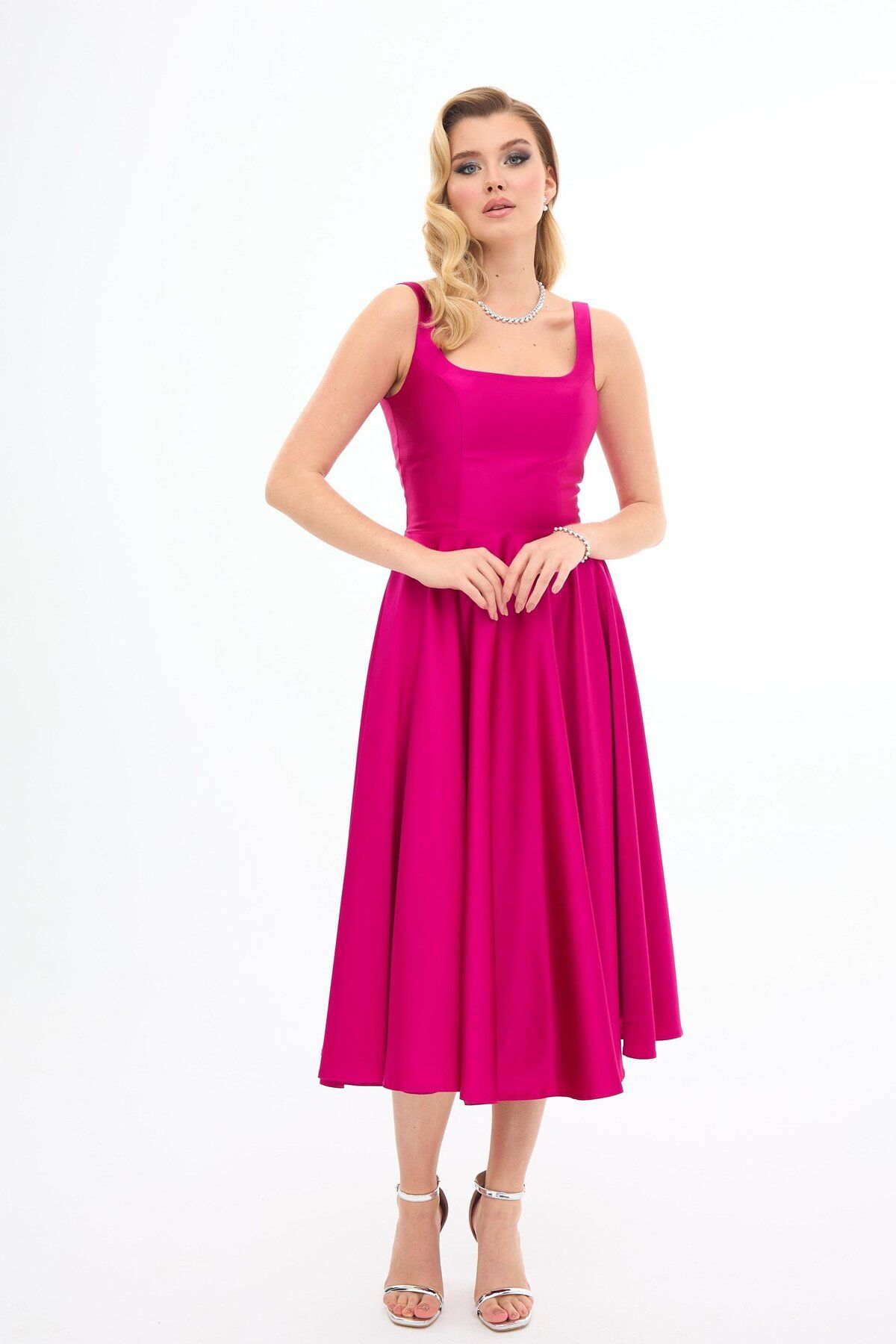 Carmen-Fuchsia Backless Midi Satin Evening Dress 1