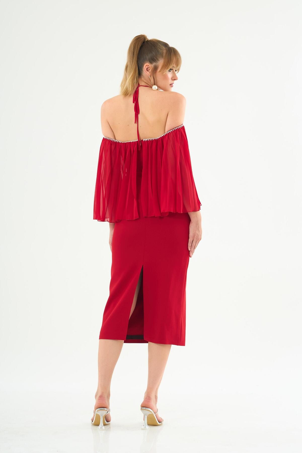 Carmen-Red Crepe Evening Dress - Halter Dress 3