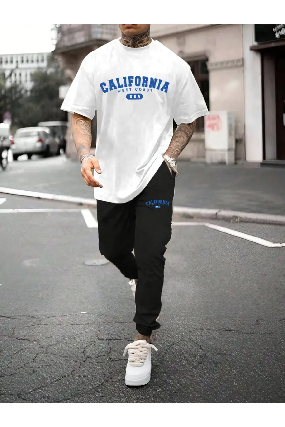 HOFFNUNG California New York Baskılı T-shirt - Jogger Tişört Bisiklet Yaka Alt Üst Eşofman Takımı
