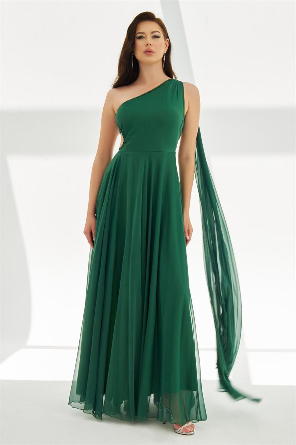 Carmen-Emerald Chiffon Cape and Backless Long Evening Dress 2