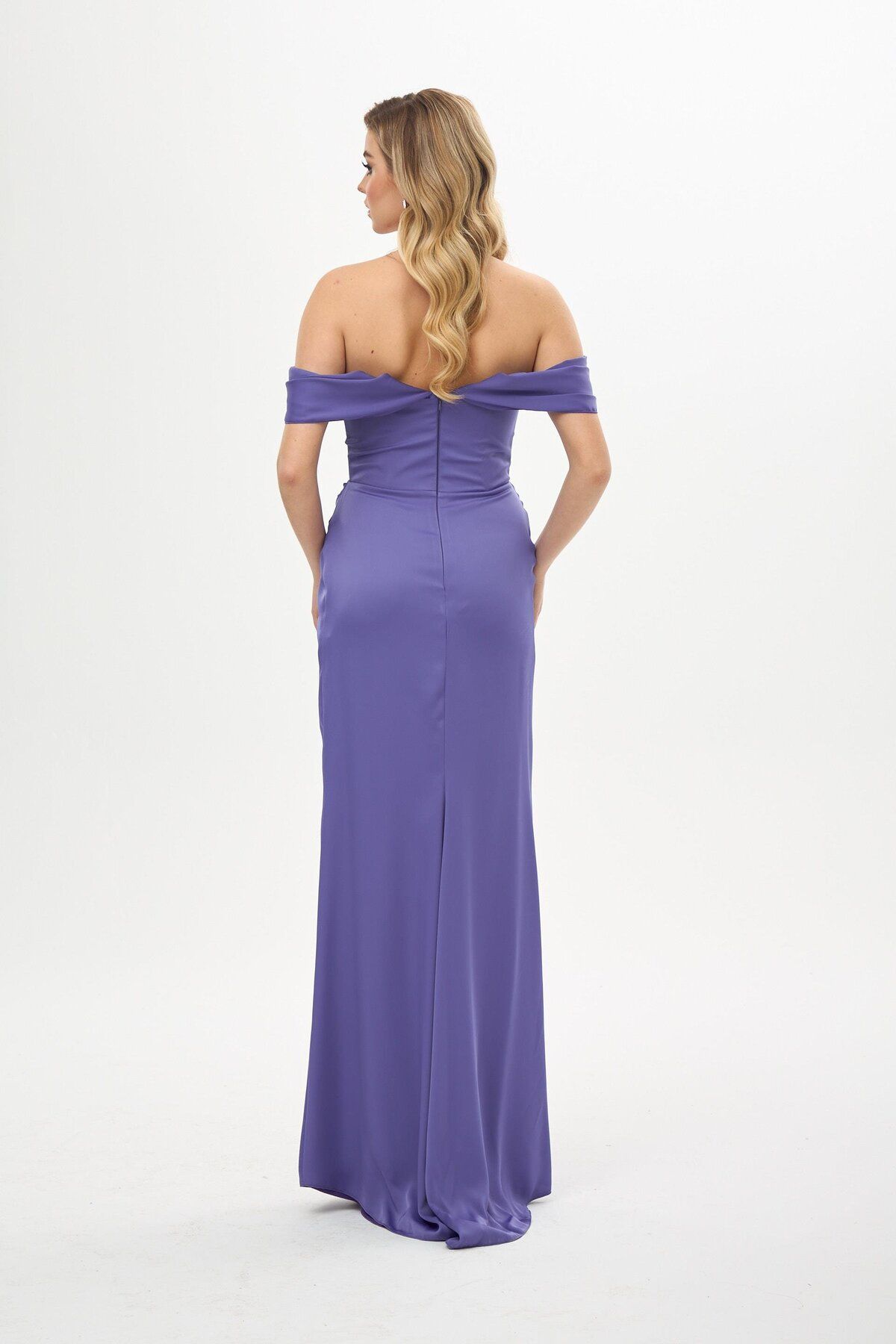 Carmen-Lilac Low Sleeve Slit Satin Evening Dress 5