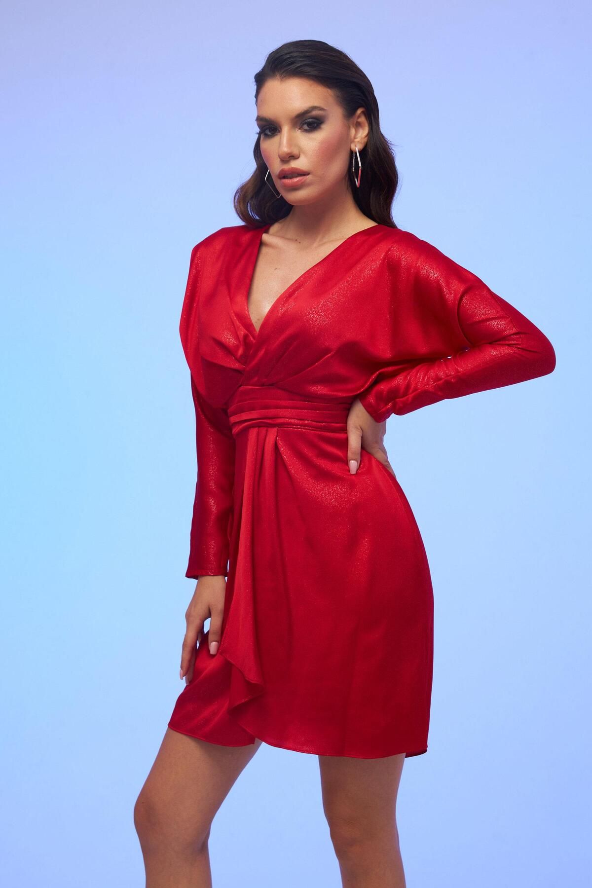 Carmen-Red Foil Satin Long Sleeve Short Evening Dress 2