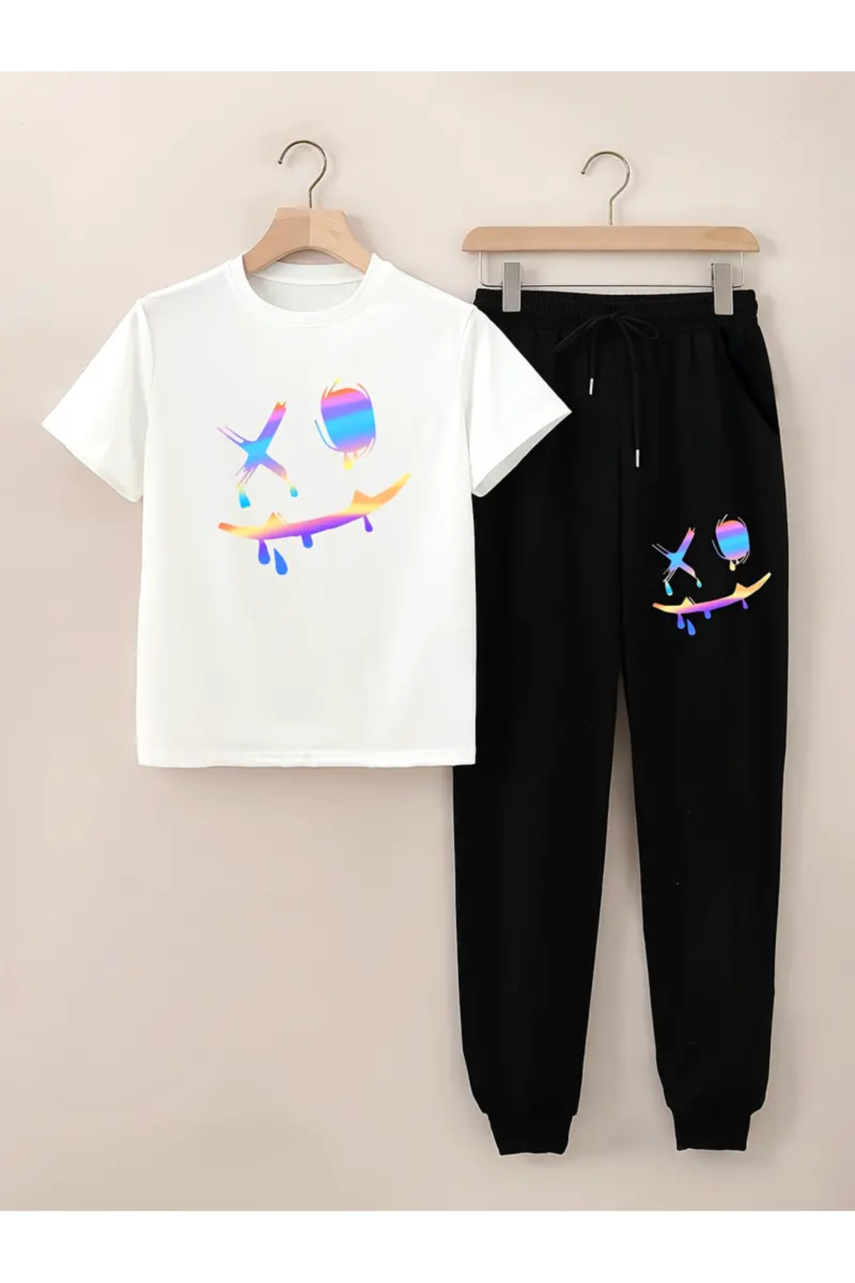 HOFFNUNG Smiling Face Baskılı T-shirt - Jogger Tişört Bisiklet Yaka Alt Üst Eşofman Takımı