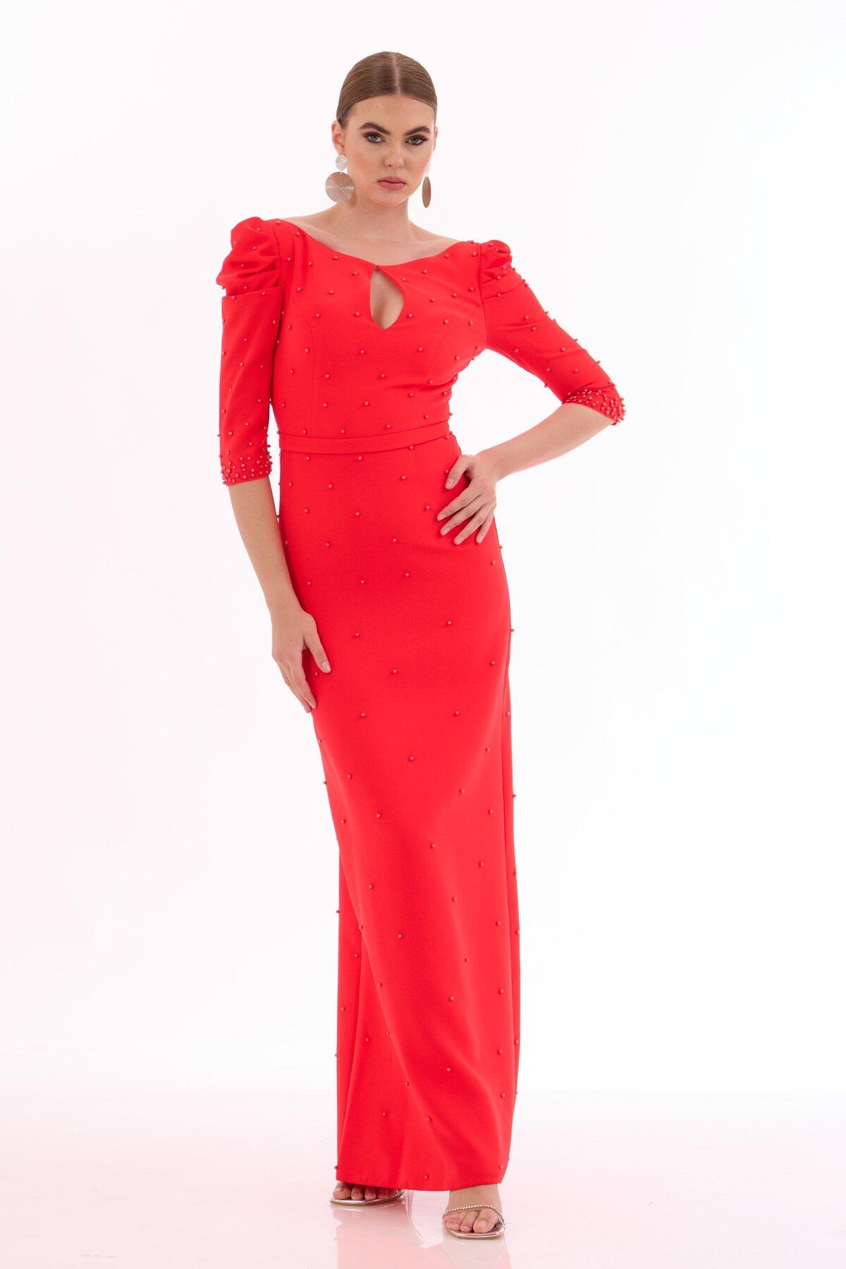 Carmen-Coral Crepe Pearl Embroidered Long Evening Dress 1