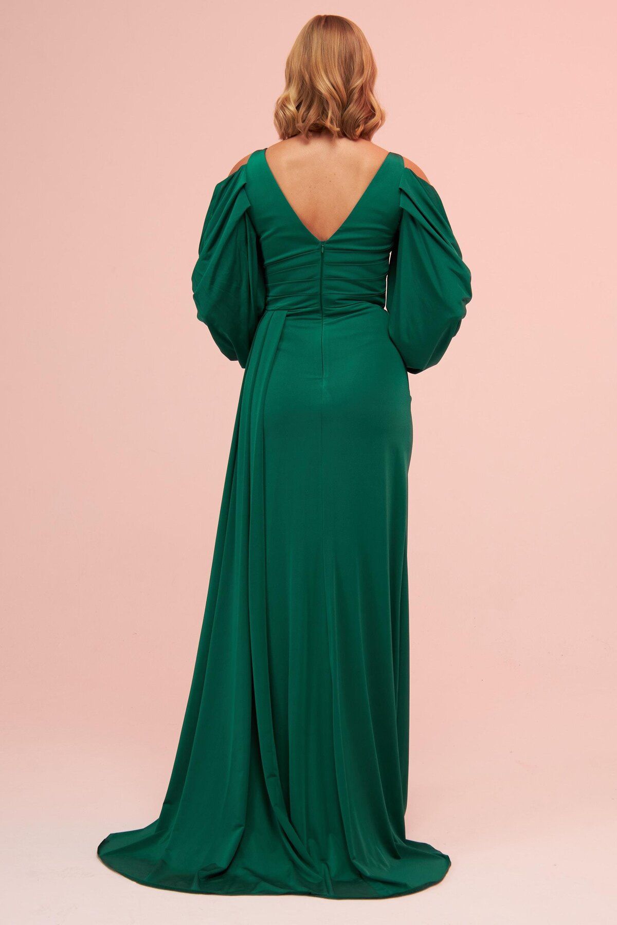 Carmen-Long Venezia Evening Dress with Emerald Sleeve Detail and Slit 6