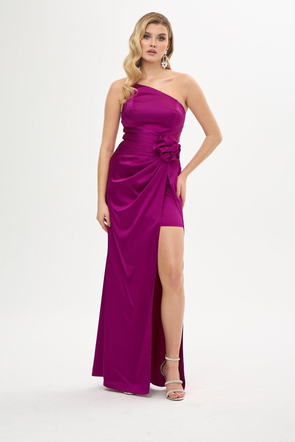 Carmen-Plum One Shoulder Satin Evening Dress with Roses 4