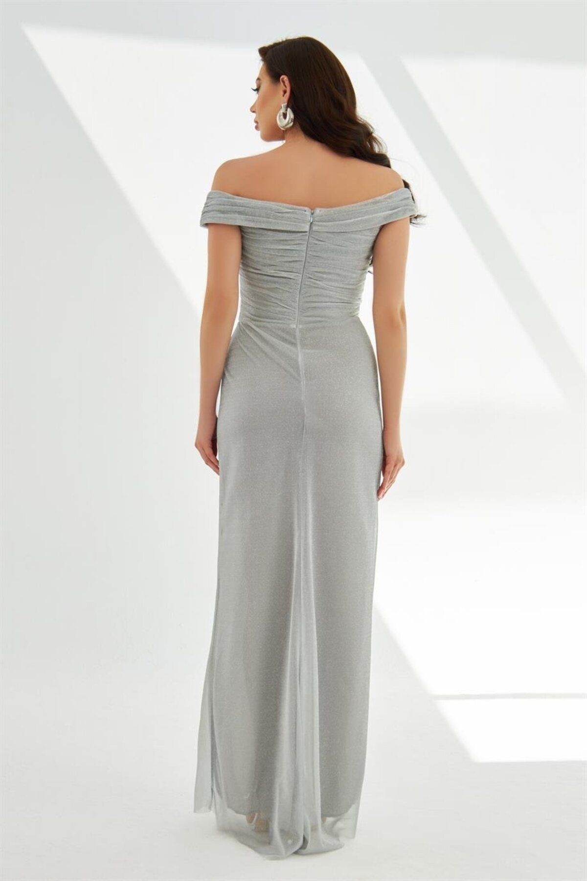 Carmen-Silver Glitter Knitted Strapless Long Evening Dress 5