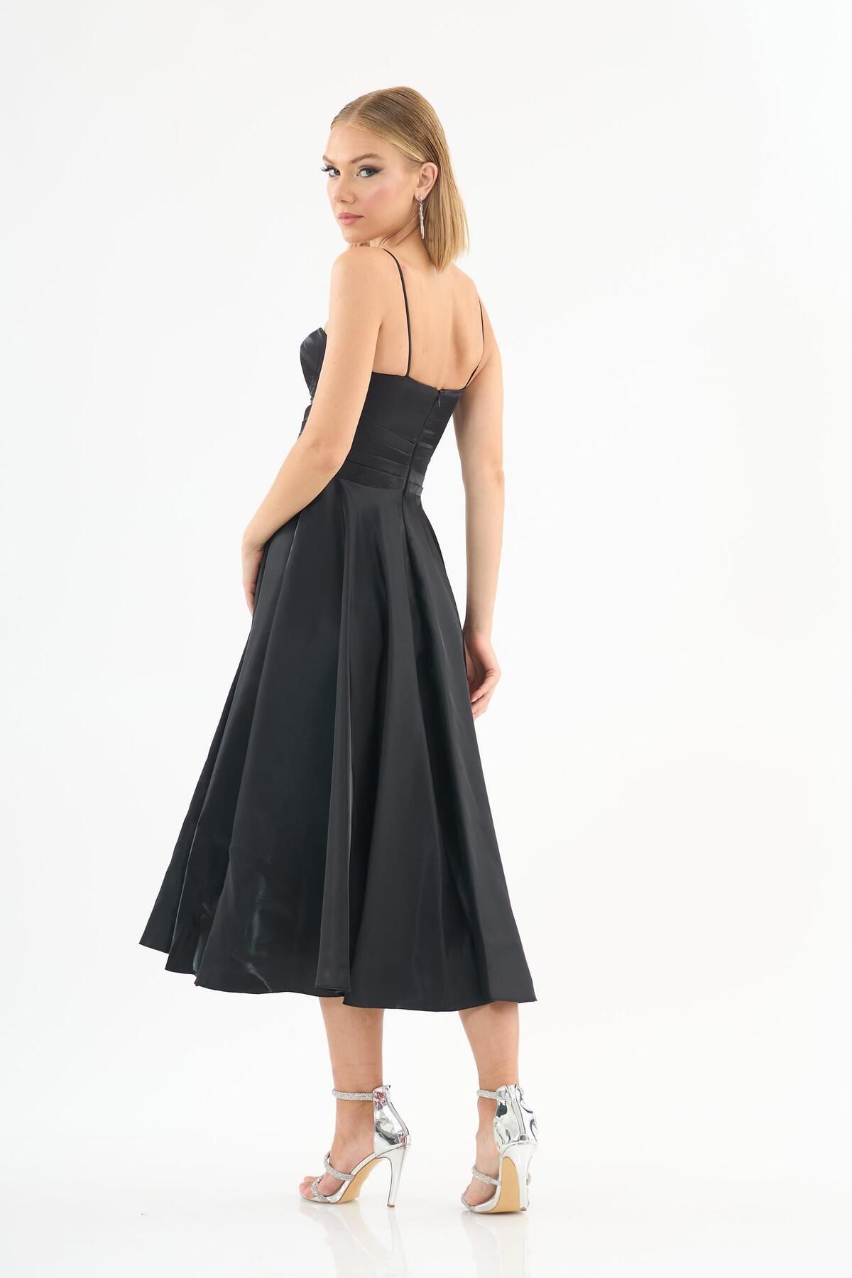 Carmen-Satin Organza Black Evening Dress - Strappy Design 5