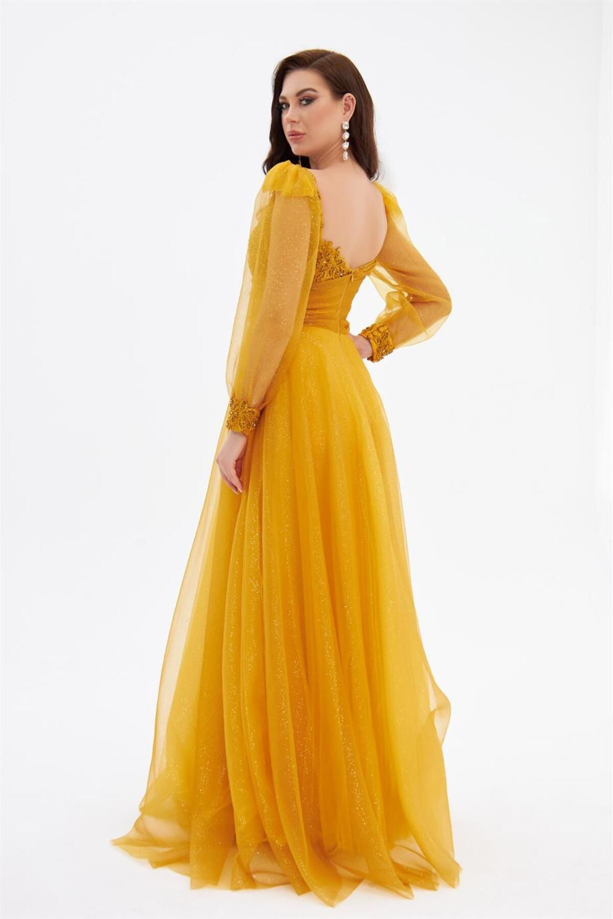 Carmen-Yellow Glitter Tulle Front Embroidered Long Sleeve Engagement Dress 4