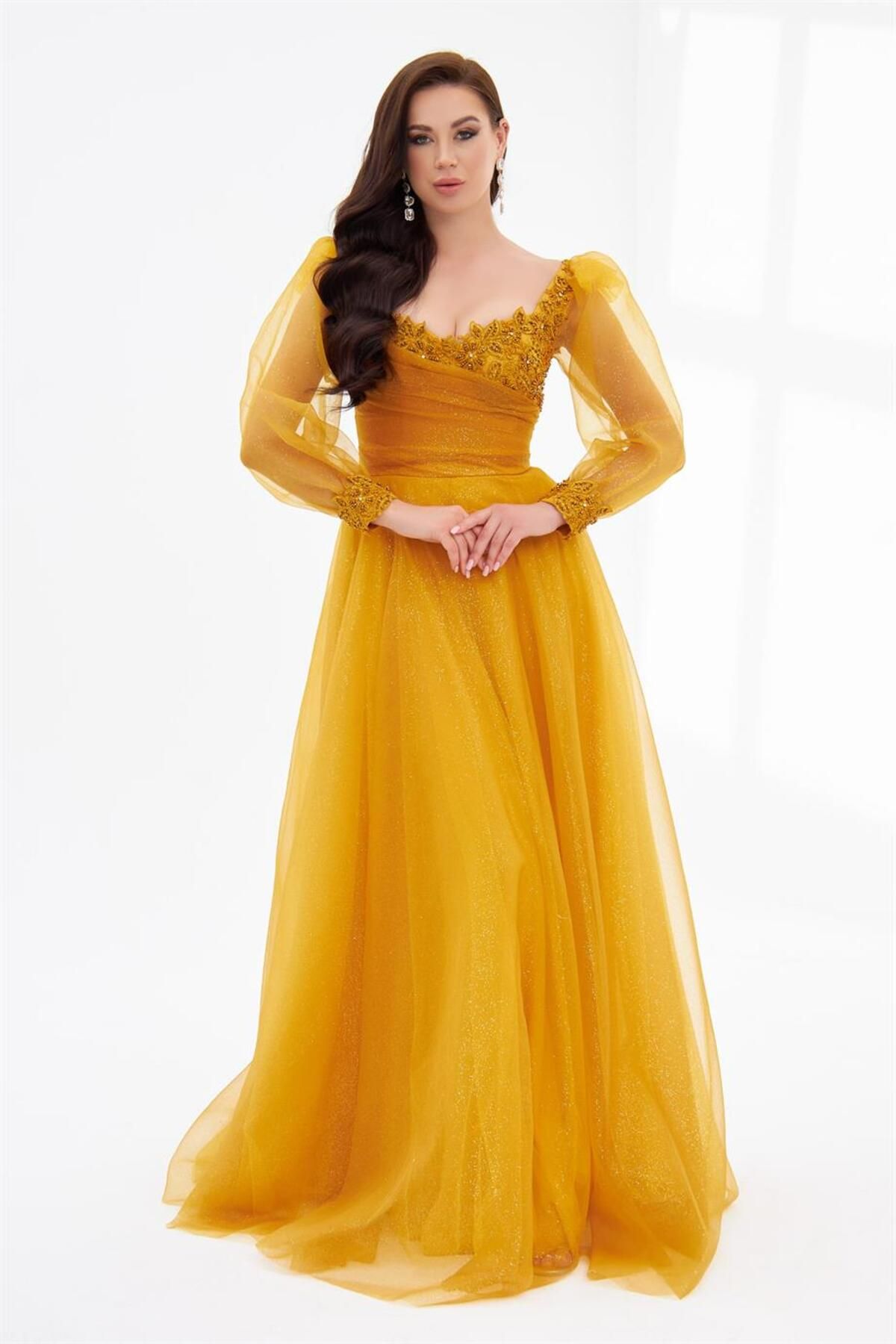 Carmen-Yellow Glitter Tulle Front Embroidered Long Sleeve Engagement Dress 1