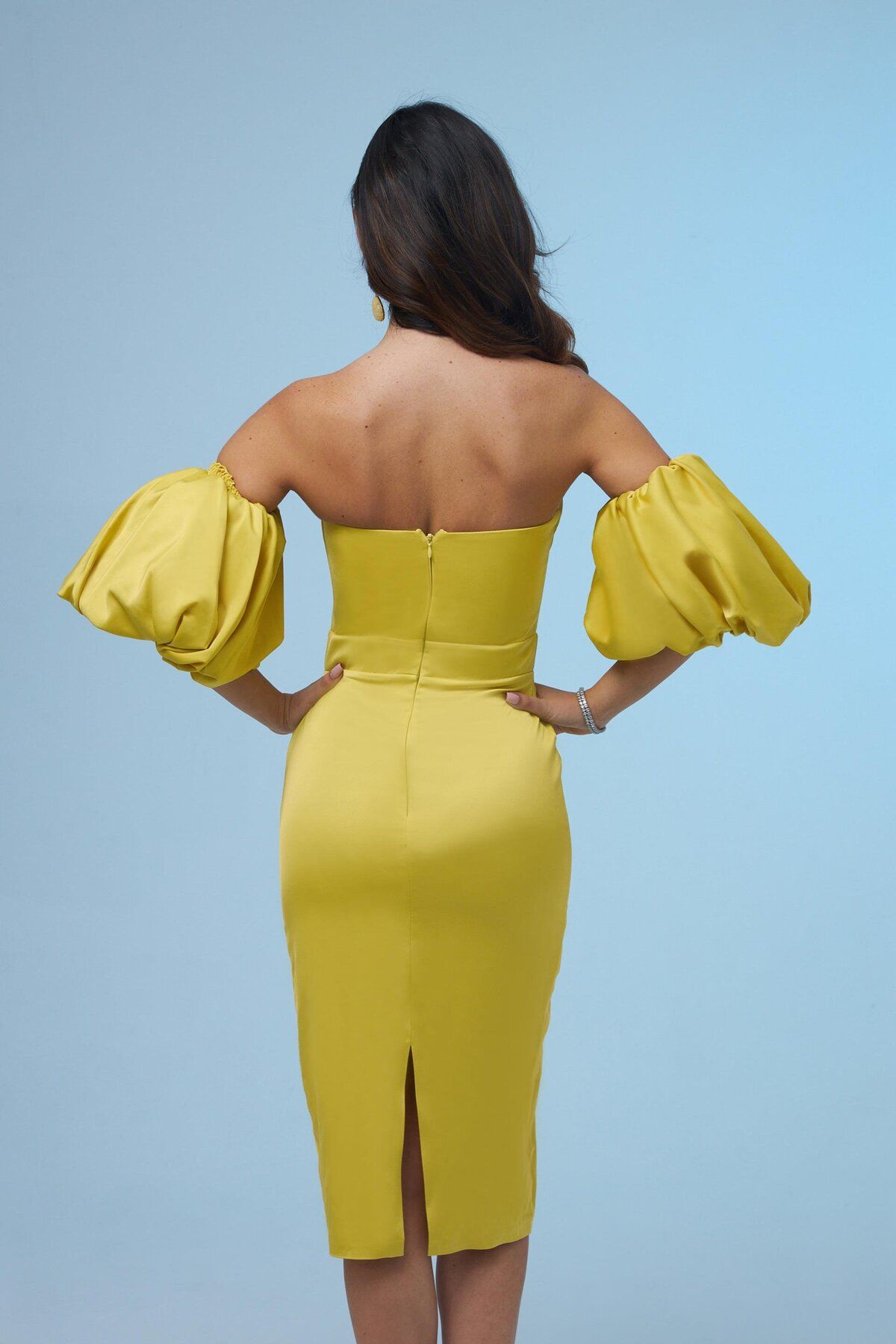 Carmen-Yellow Satin Balloon Sleeve Short Evening Dress 4