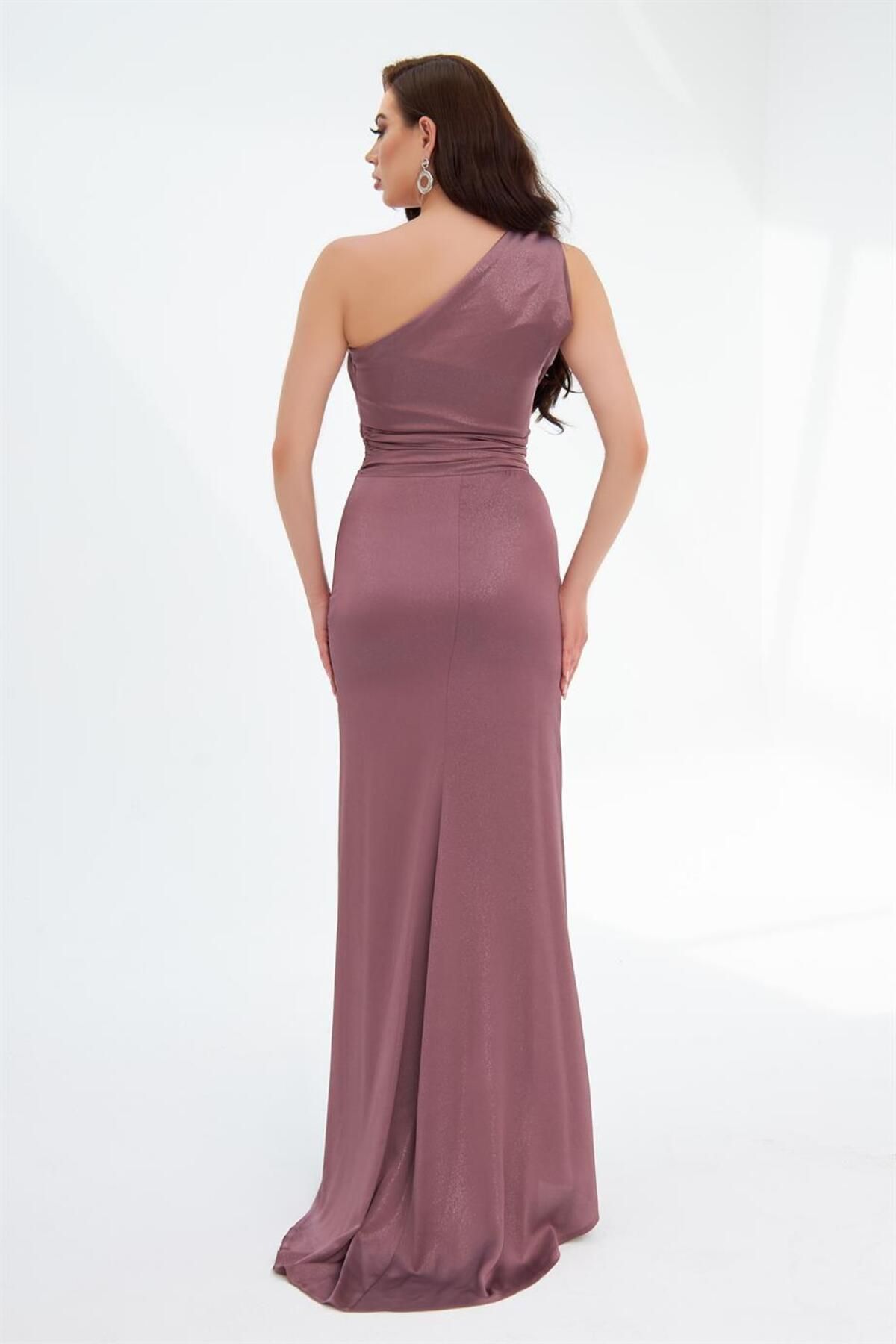 Carmen-Lavendelfarbenes, einärmliges, geschlitztes Abendkleid mit Folie 4