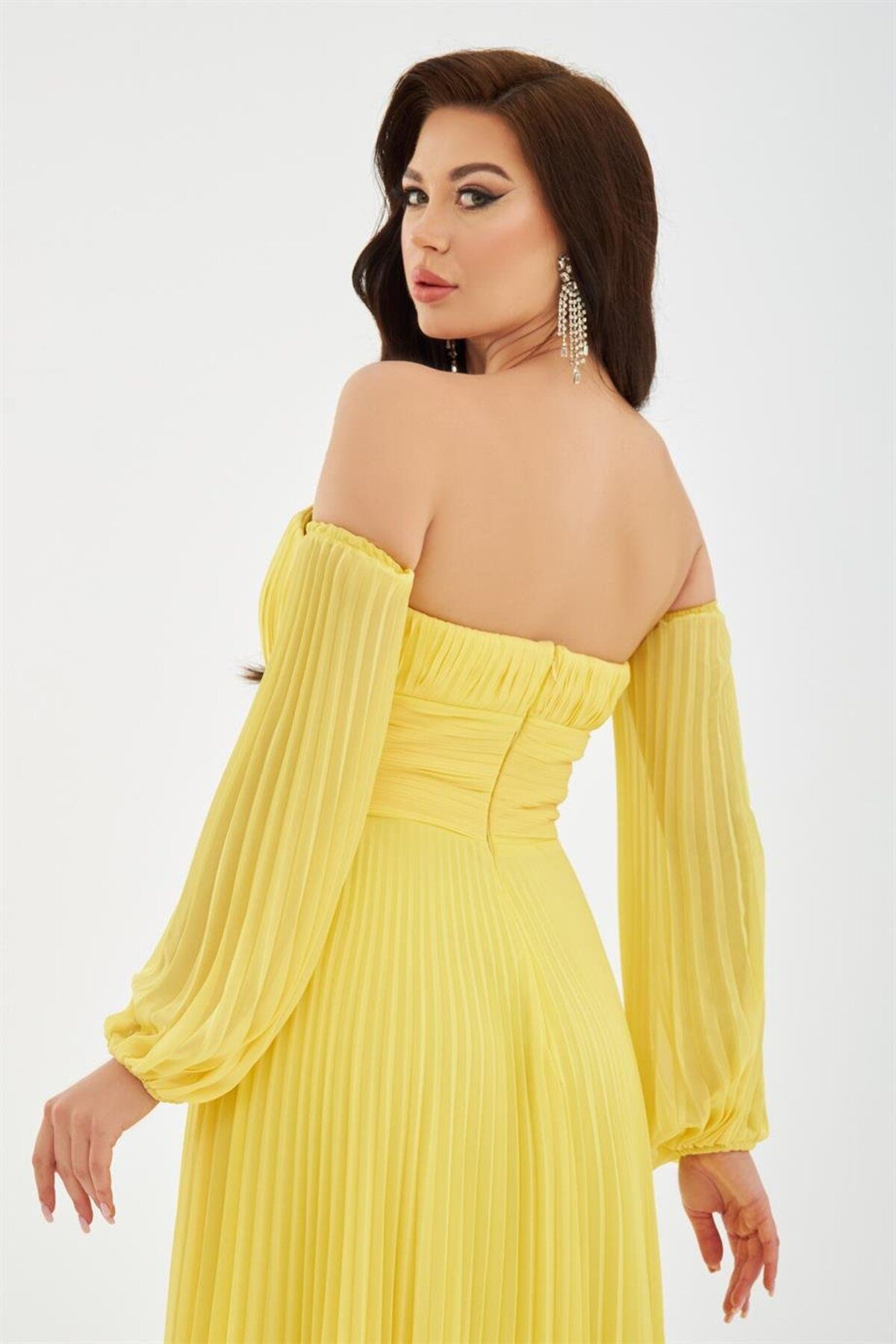 Carmen-Yellow Chiffon Belt Detailed Long Evening Dress 4