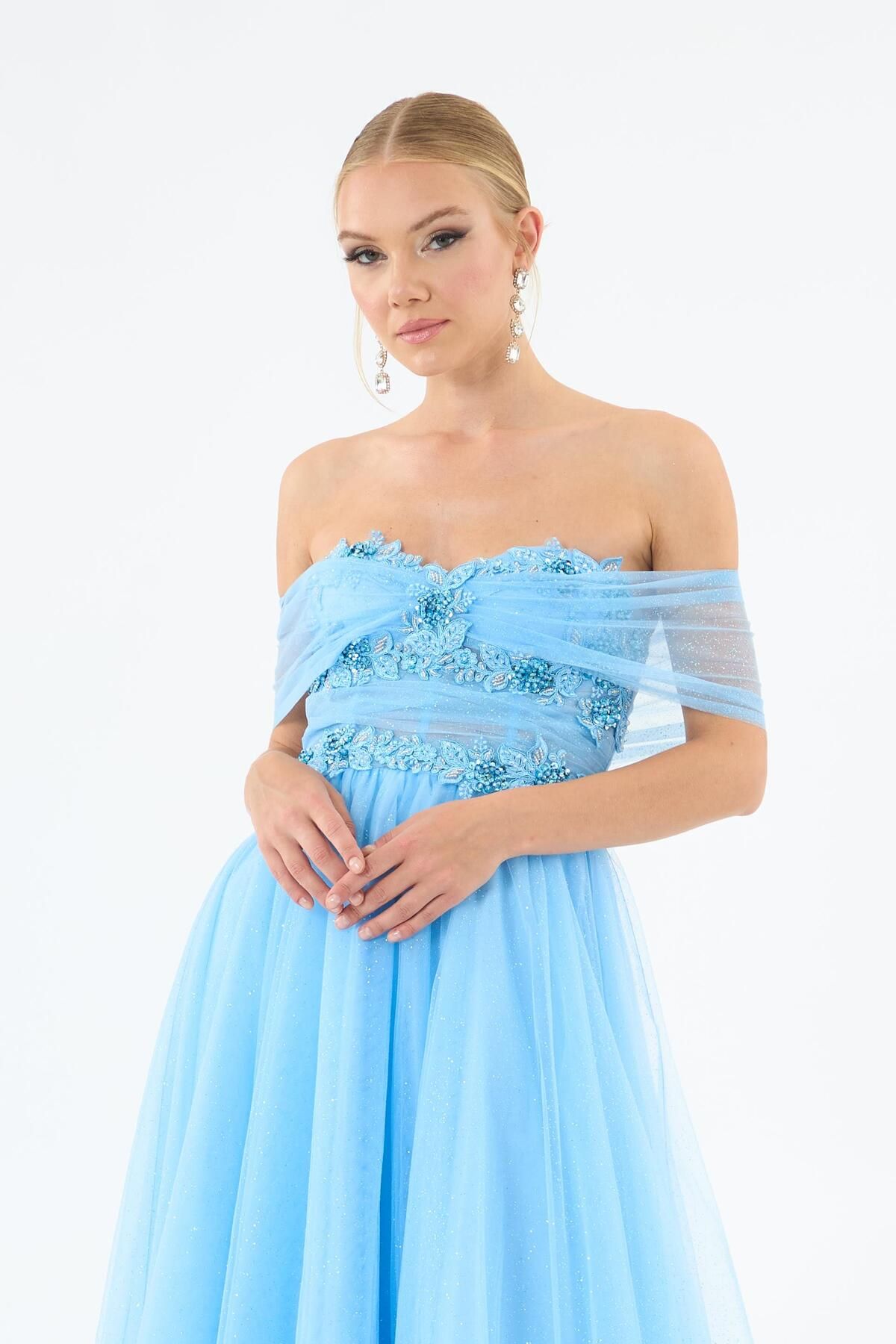 Carmen-Blue Low Arm Embroidered Tulle Engagement Dress 2