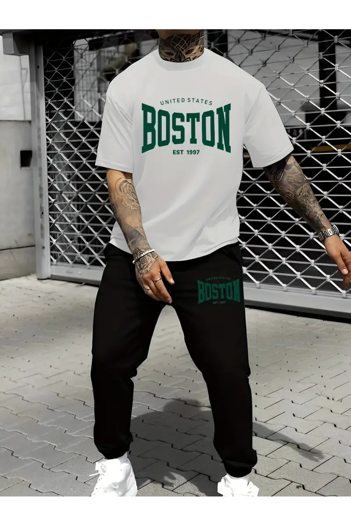 HOFFNUNG Boston Baskılı T-shirt - Jogger Tişört Bisiklet Yaka Alt Üst Eşofman Takımı