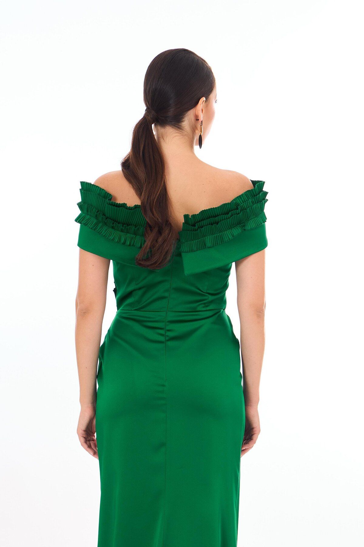 Carmen-Satin Evening Dress - Emerald Ruffle and Slit 5