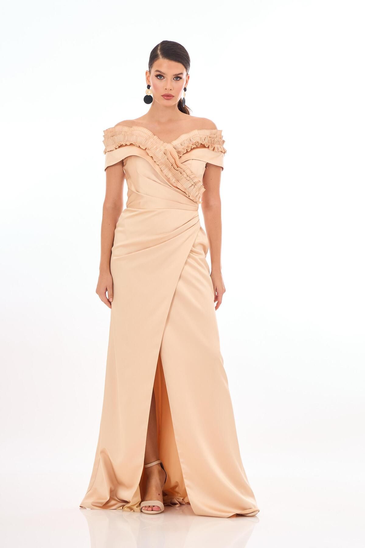 Carmen-Satin Evening Dress - Gold Ruffle and Slit Dress 4