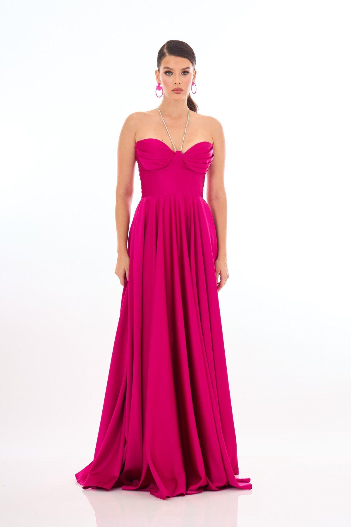 Carmen-Fuchsia Satin Strapless Long Evening Dress and Invitation Dress 1