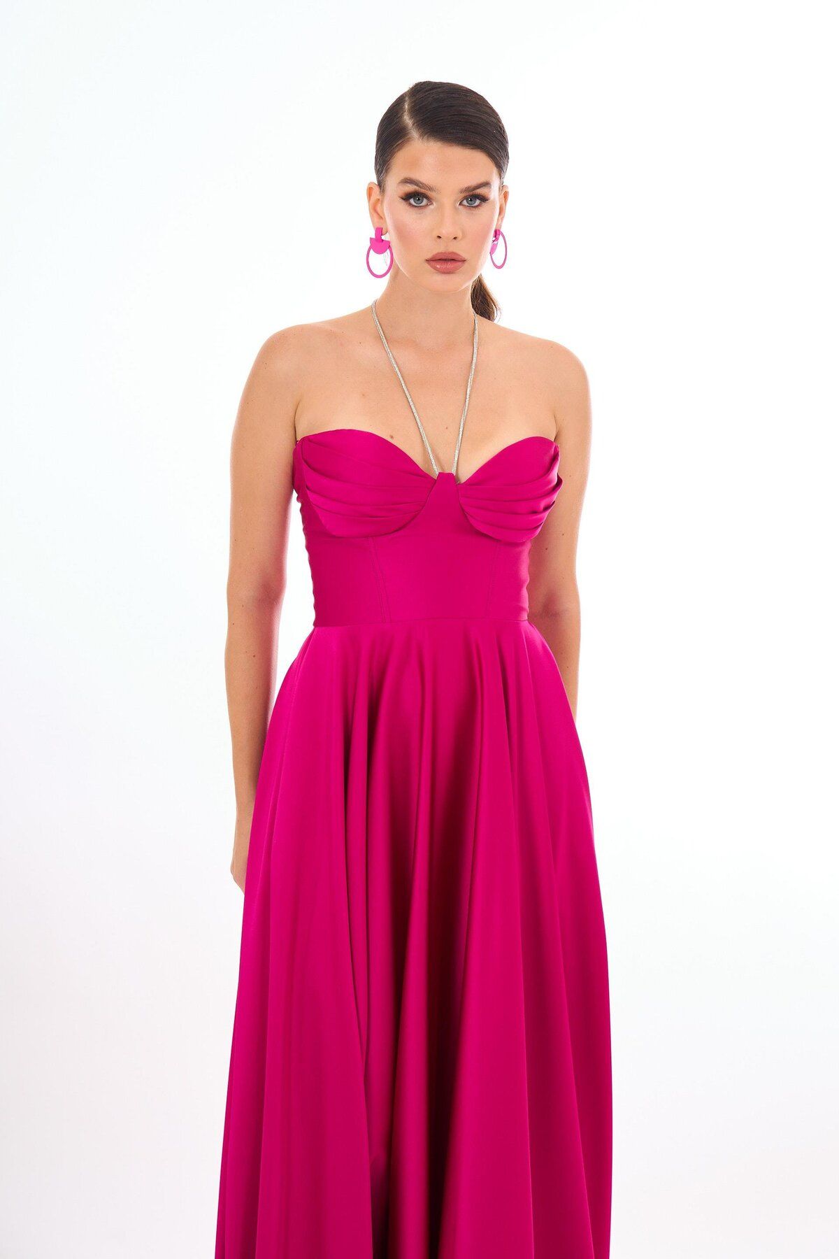 Carmen-Fuchsia Satin Strapless Long Evening Dress and Invitation Dress 2