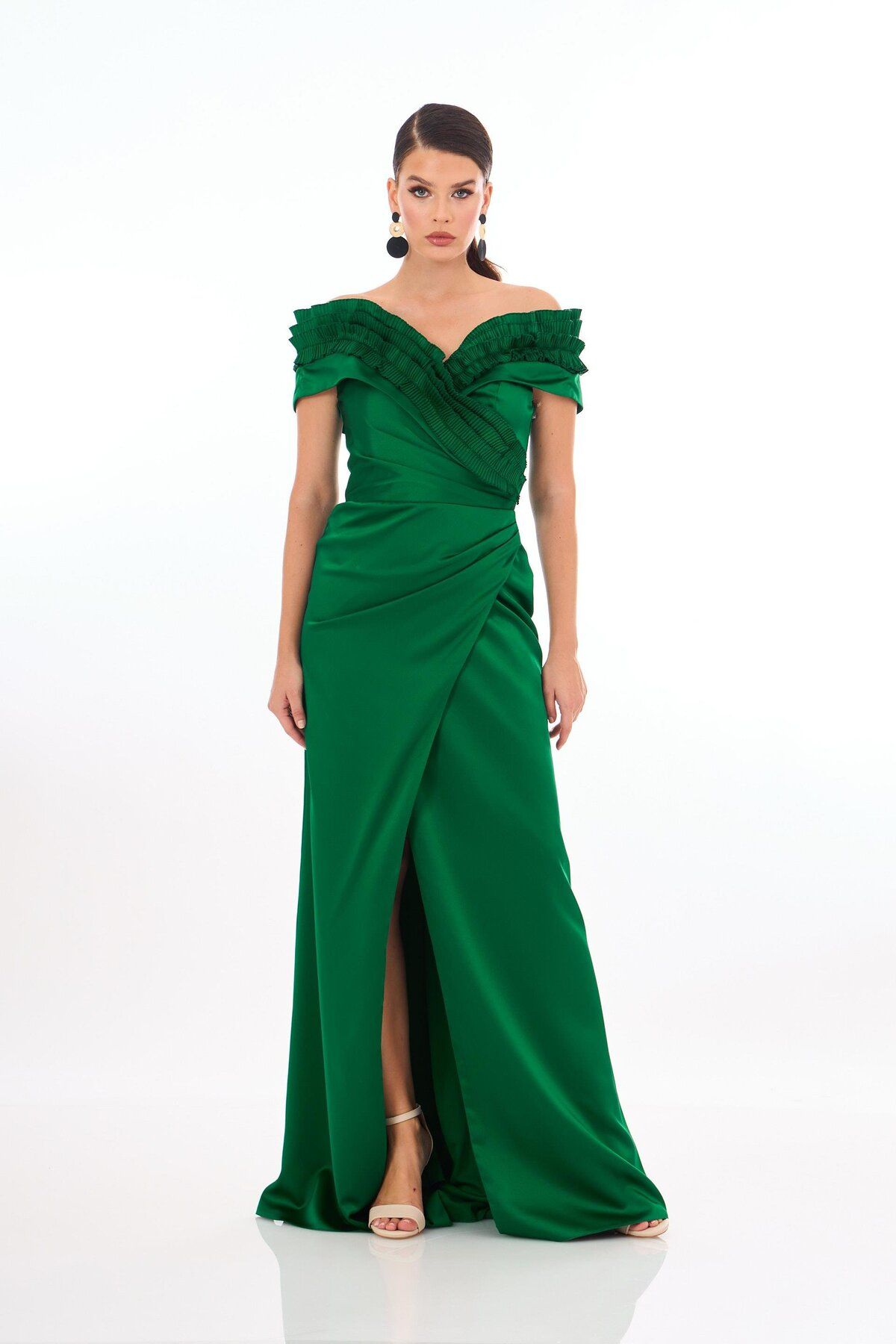 Carmen-Satin Evening Dress - Emerald Ruffle and Slit 1