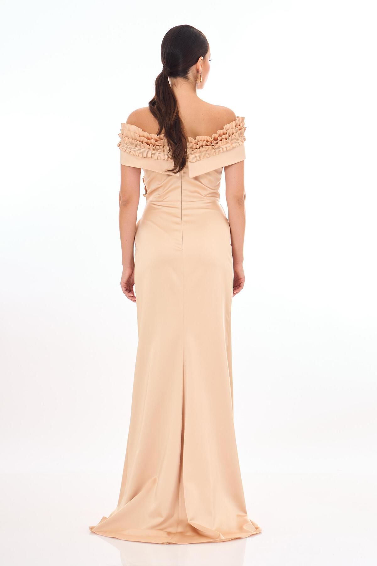 Carmen-Satin Evening Dress - Gold Ruffle and Slit Dress 5