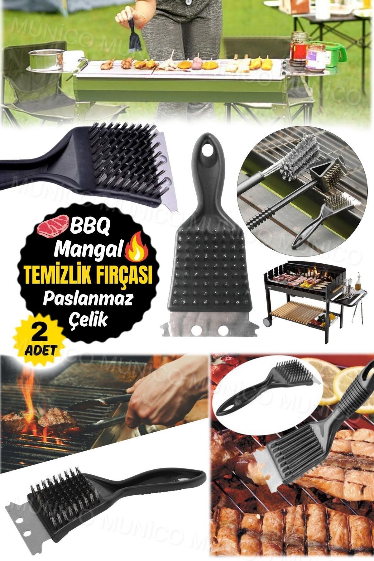 Mucuks 2 Adet Çelik Tel Barbekü Fırçası – Paslanmaz Çelik Kıllar ile Derin Temizlik, Uzun Plastik Sap