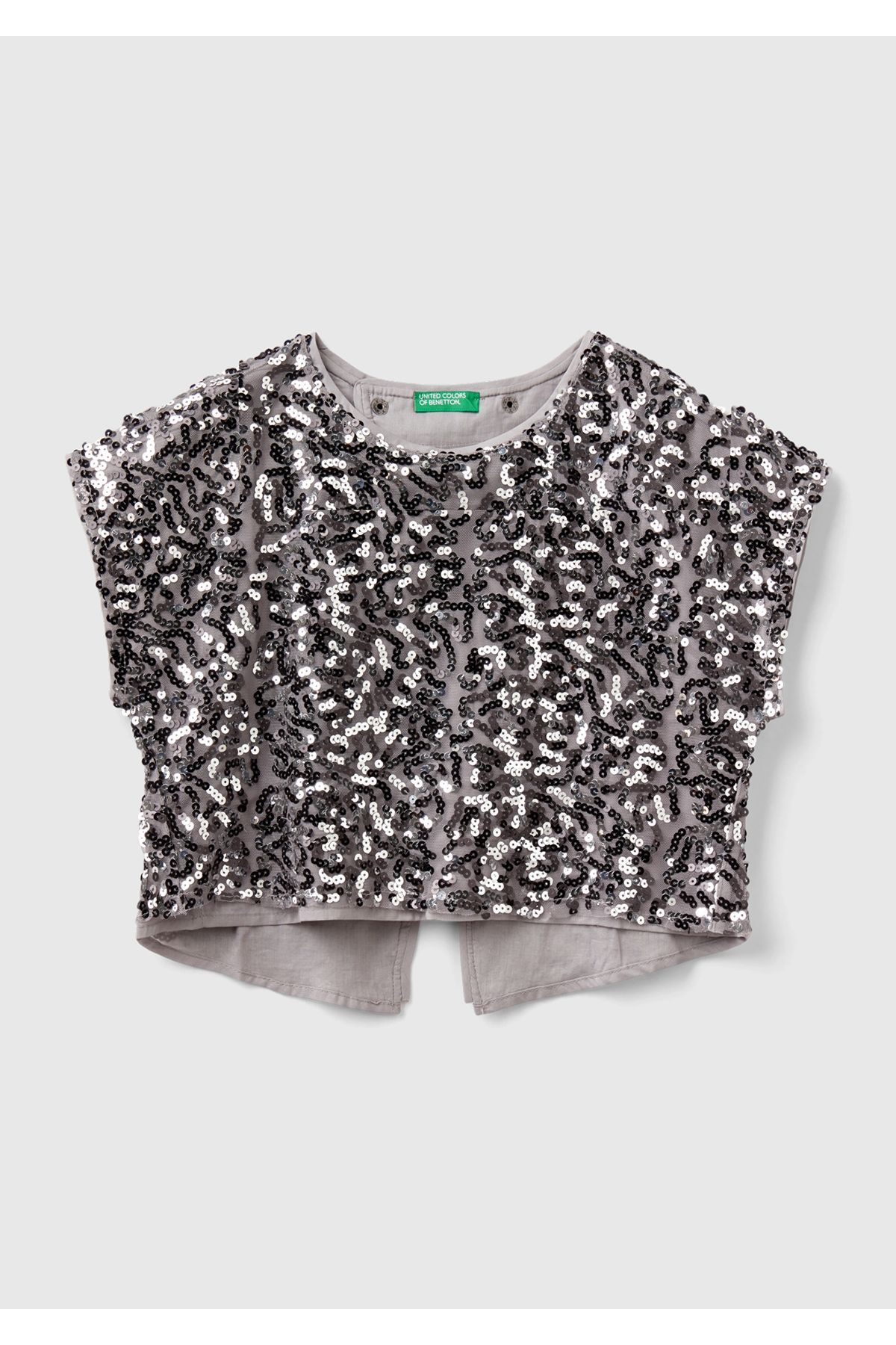 United Colors of Benetton-Girl's Gray Mix All Patterned Crew Neck Blouse with Cross Detail on the Back 1