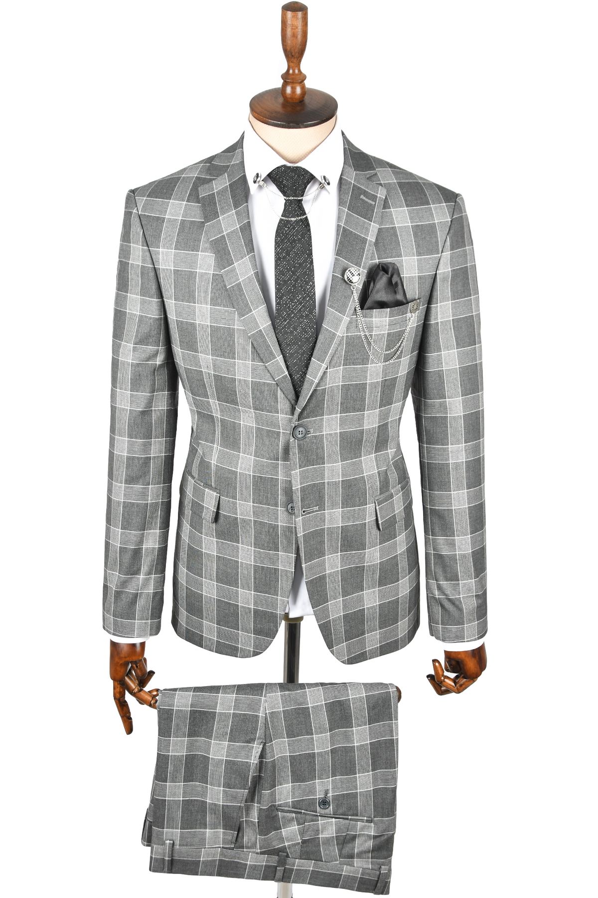 DeepSEA-Men's Antracite Plaid Patterned Double Button Double Slit 2-Piece Suit 2303120 1