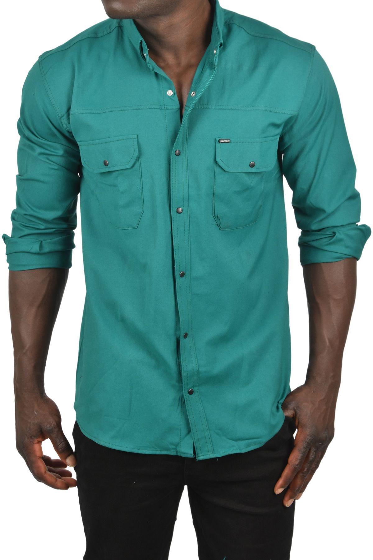 DeepSEA-Men's Green Lycra Snap Fastener Double Pocket Gabardine Shirt with Stitching Detail 2300419 2