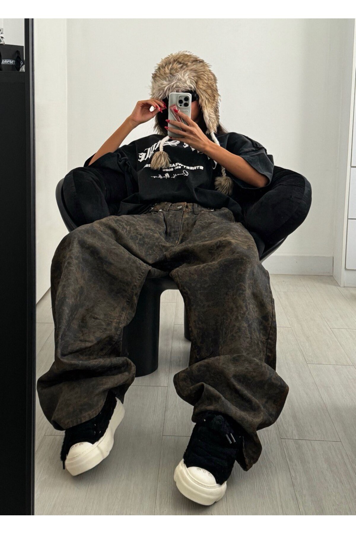 Alien 1979  Özel Leopar Desenli Kaplamalı Kahve Rengi Bol Kesim Kot Pantolon - Görsel 6