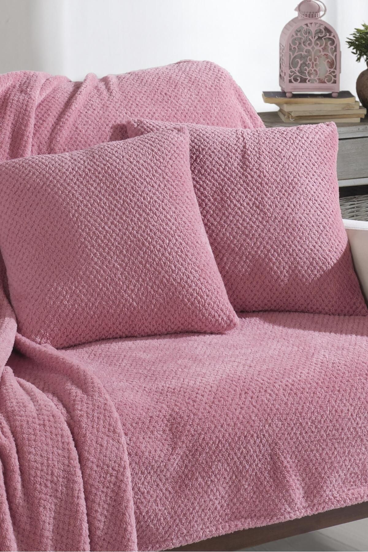 LADYNİL-Wellsoft / Seat Cover and Tv Blanket 180X200 2 Pieces 45X45 Throw Pillow Cover Dusty Rose 3