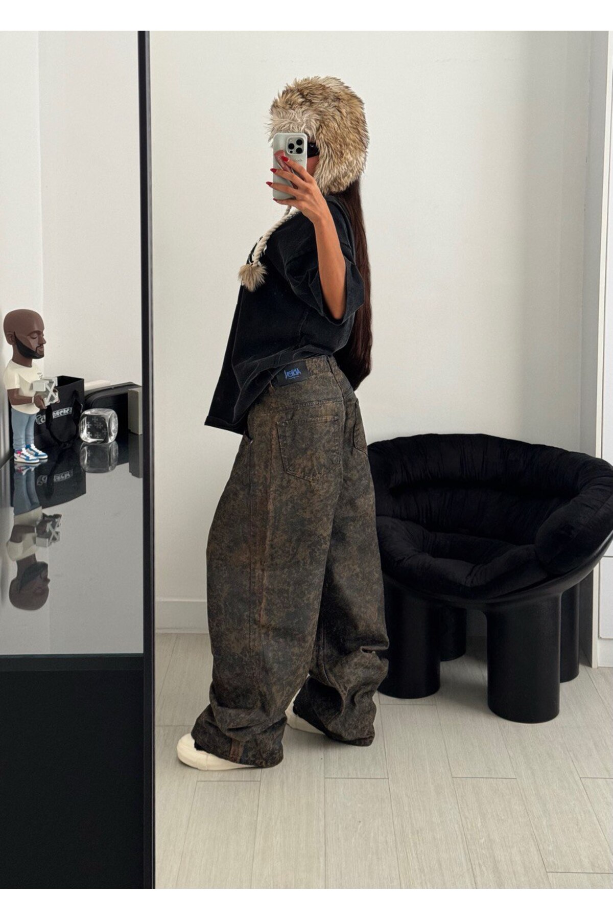 Alien 1979  Özel Leopar Desenli Kaplamalı Kahve Rengi Bol Kesim Kot Pantolon - Görsel 3