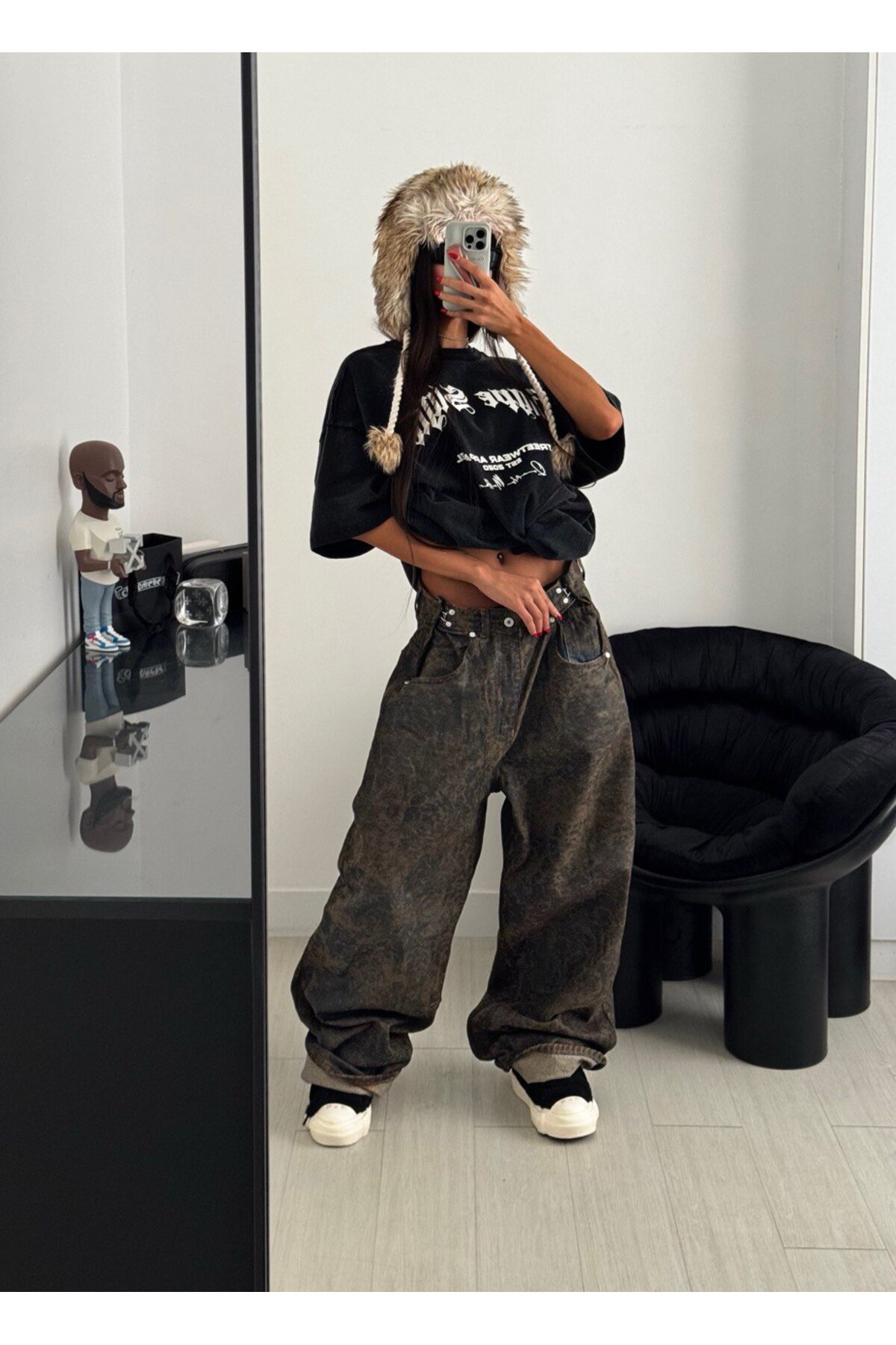 Alien 1979  Özel Leopar Desenli Kaplamalı Kahve Rengi Bol Kesim Kot Pantolon