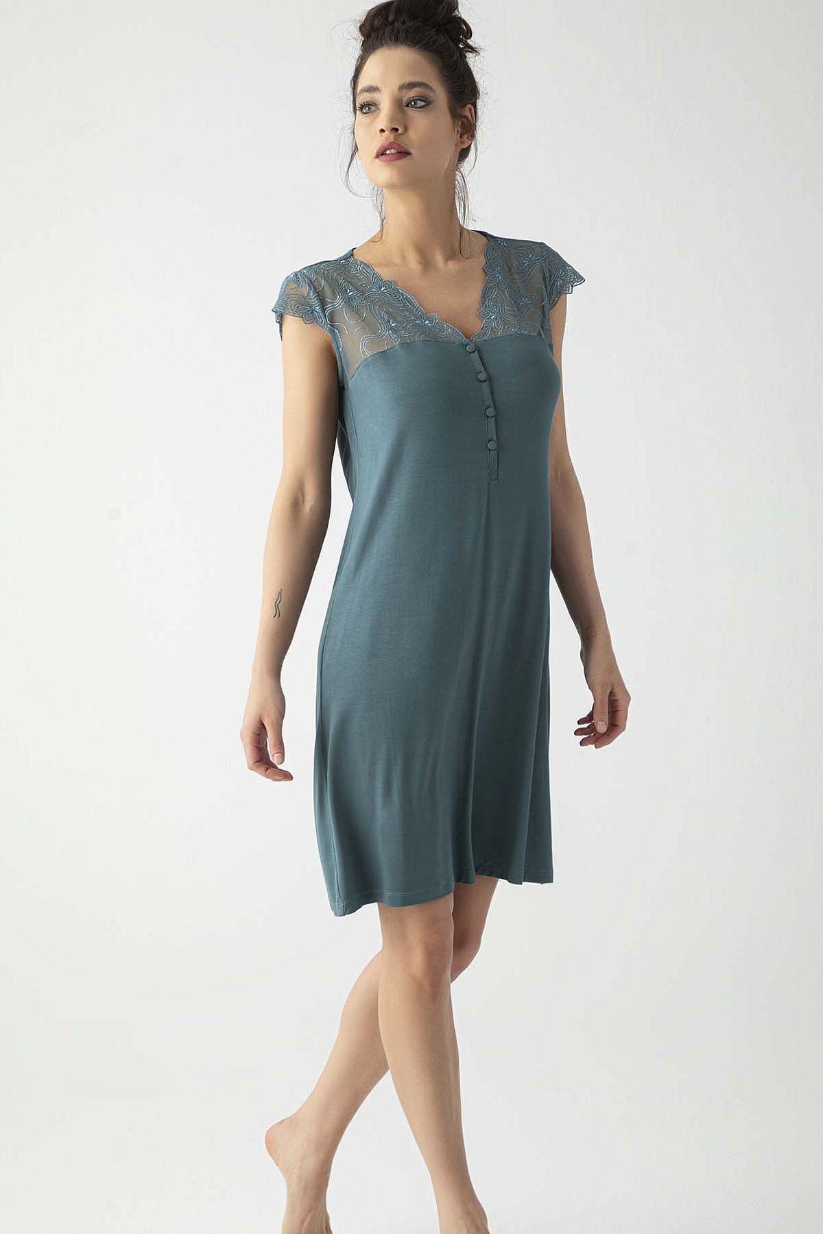 MONAMİSE 19302 Kadın Kısa Kollu Gecelik-Yeşil