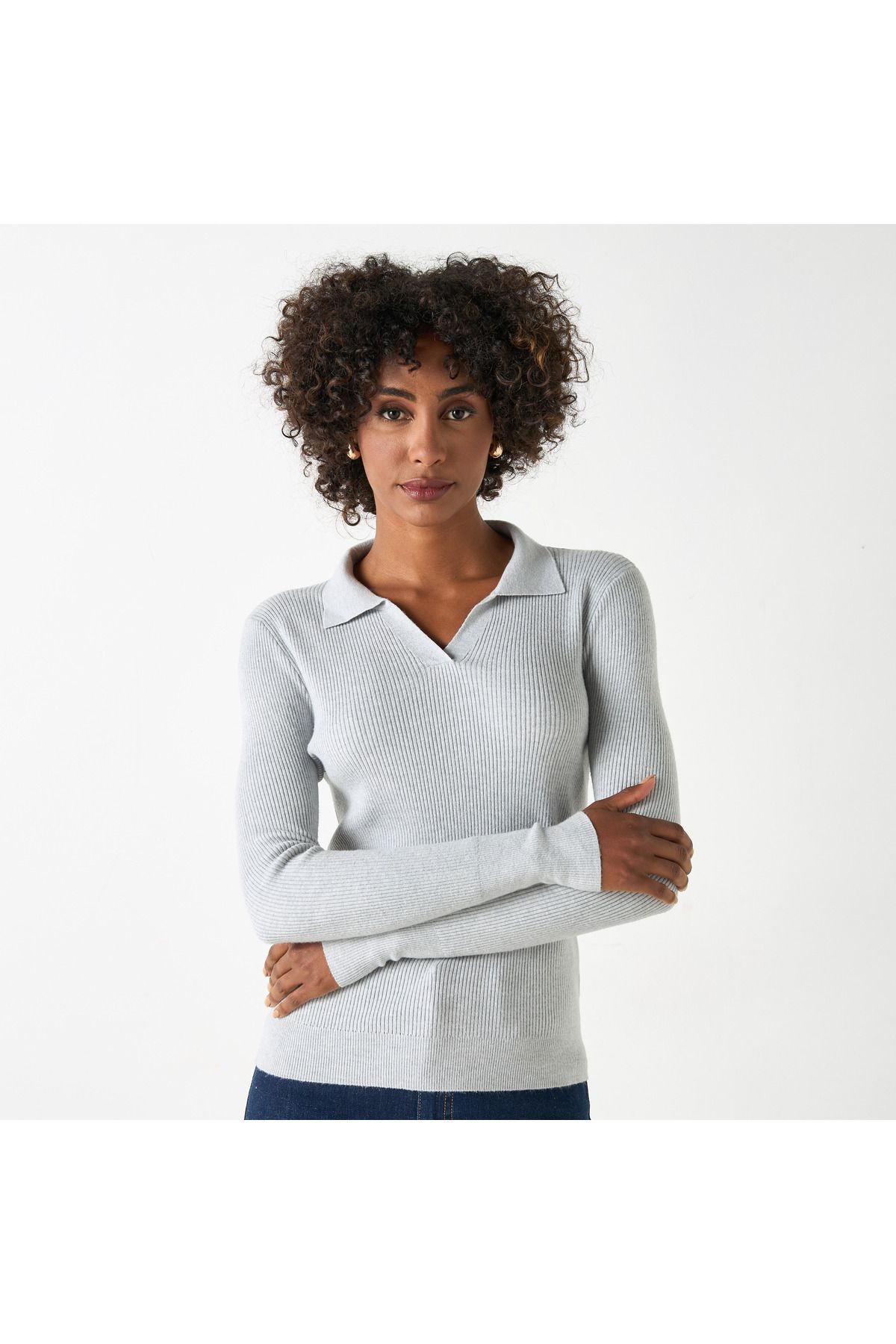 2Xtremz-Ribbed Sweater with Long Sleeves and Collared Neckline 1