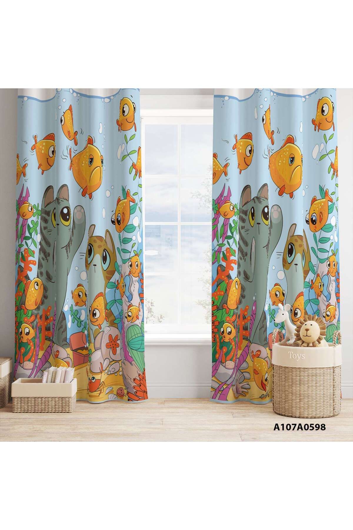 A2ZTR-Cat Fishes for Kids and Baby Room - Curtain,Bed Cover,Tape,Square Wall Watch,Pillow and Cover Case 2