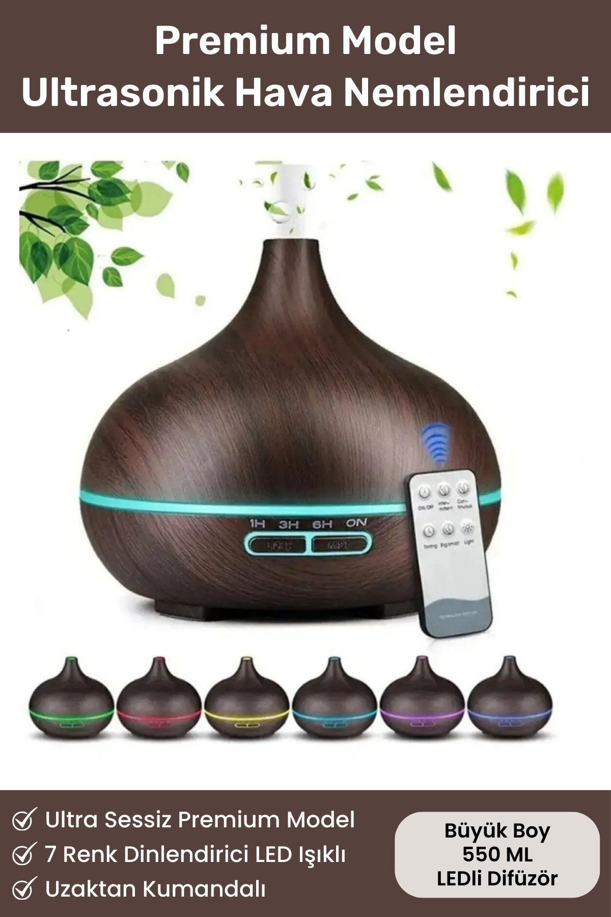 Ultra Sessiz Büyük 550 ML Ultrasonik Hava Nemlendirici 7 LED Gece Işığı Buhar Makinesi Aroma Difüzör
