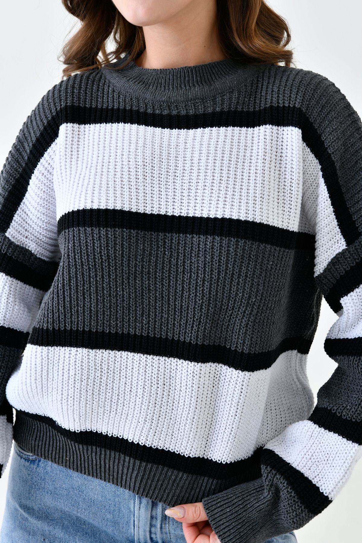 bayansepeti-Gray Striped Oversize Knitwear Sweater - Crew Neck, Long Sleeve 6500 2