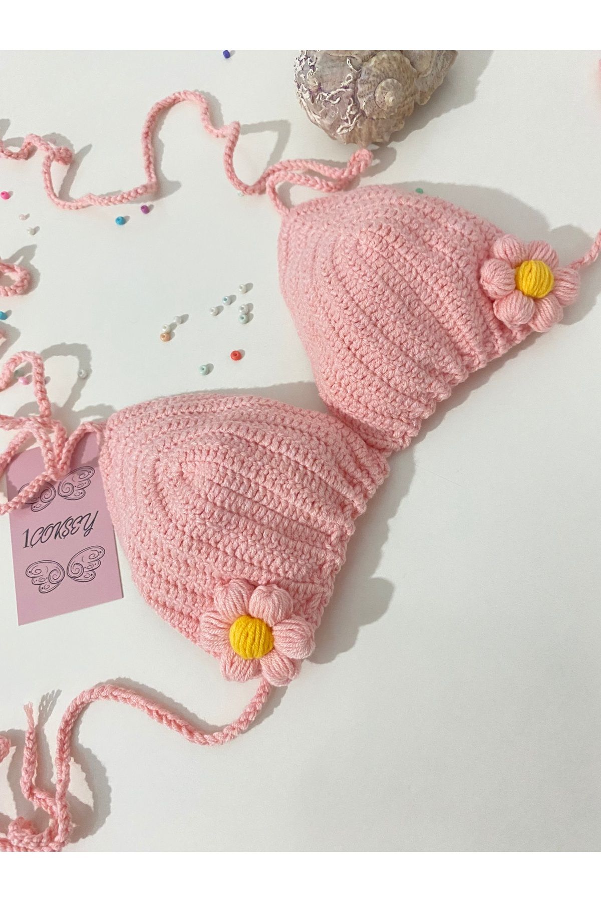 1çokşey Papatya detaylı pembe örgü bikini üstü