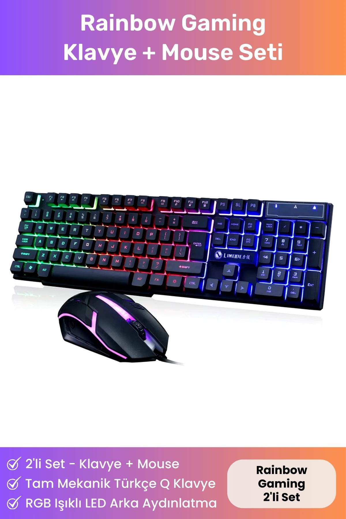 Noriyen Rainbow Gaming Full Set RGB Işıklı Kablolu Oyuncular İçin Tam Mekanik Türkçe Q Klavye Mouse Seti