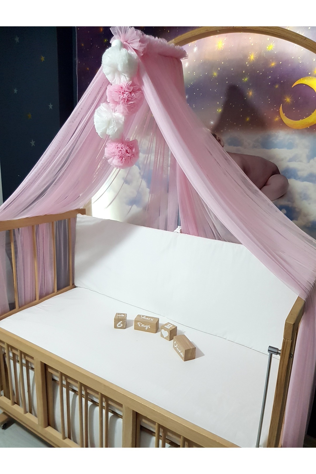 bebek_iklimi Bebek Lüks Cibinlik Takımı - Açık Pembe Ve Beyaz Dört Ponponlu - 6 Metre Likra Tül (APARAT DAHİL) fotoğrafı 2 (önizleme)