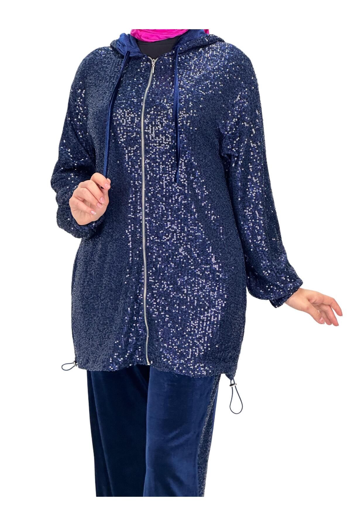 ottoman wear-Navy Blue Sequined Velvet Set - Otw8440 4