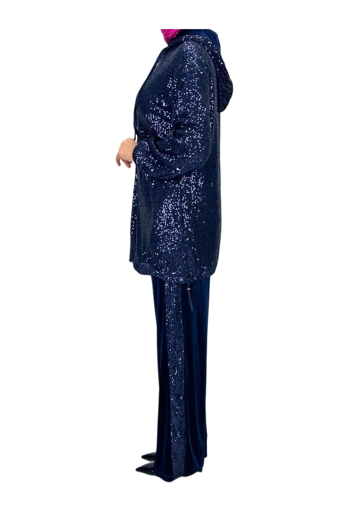 ottoman wear-Navy Blue Sequined Velvet Set - Otw8440 3