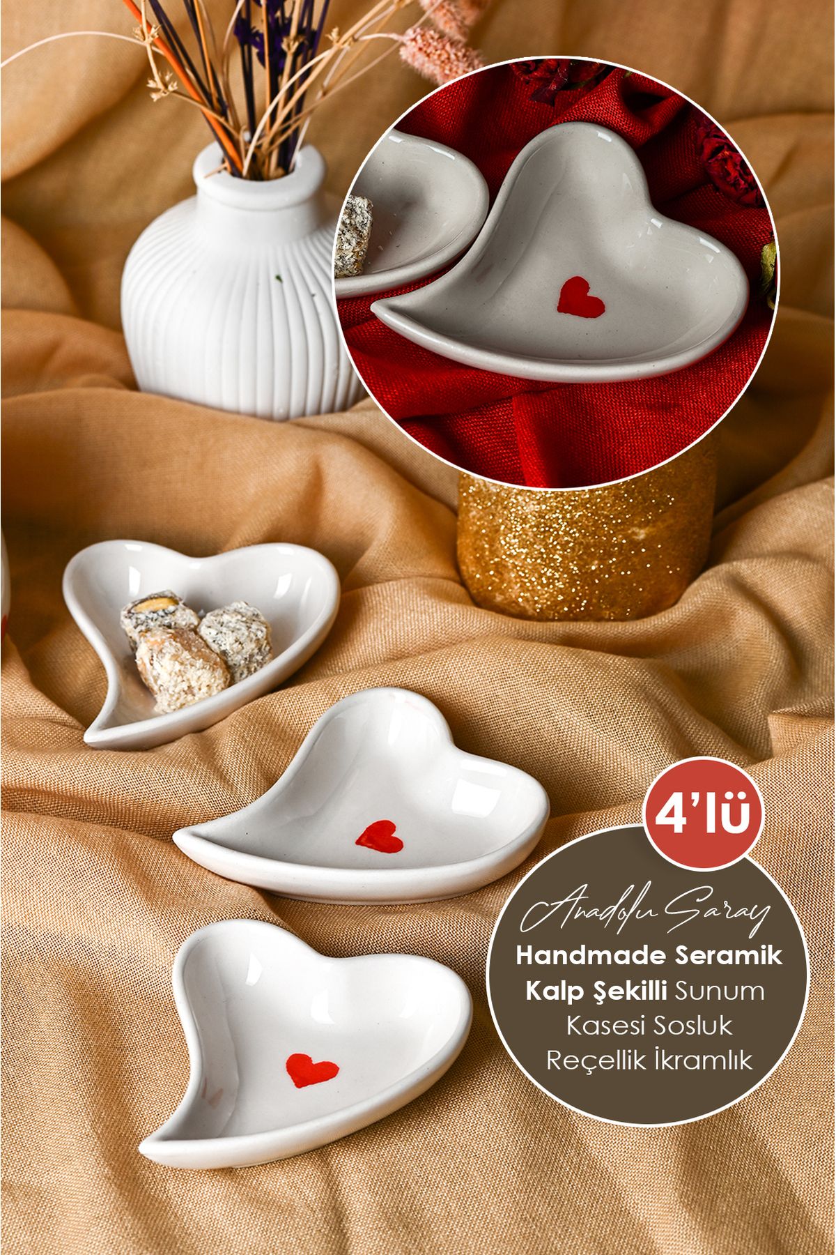 Anadolu Saray-Set of 4 Handmade Ceramic Heart Design Coffee Side Turkish Delight Bowl and Jam Presentation Dish Decorative Plate 2