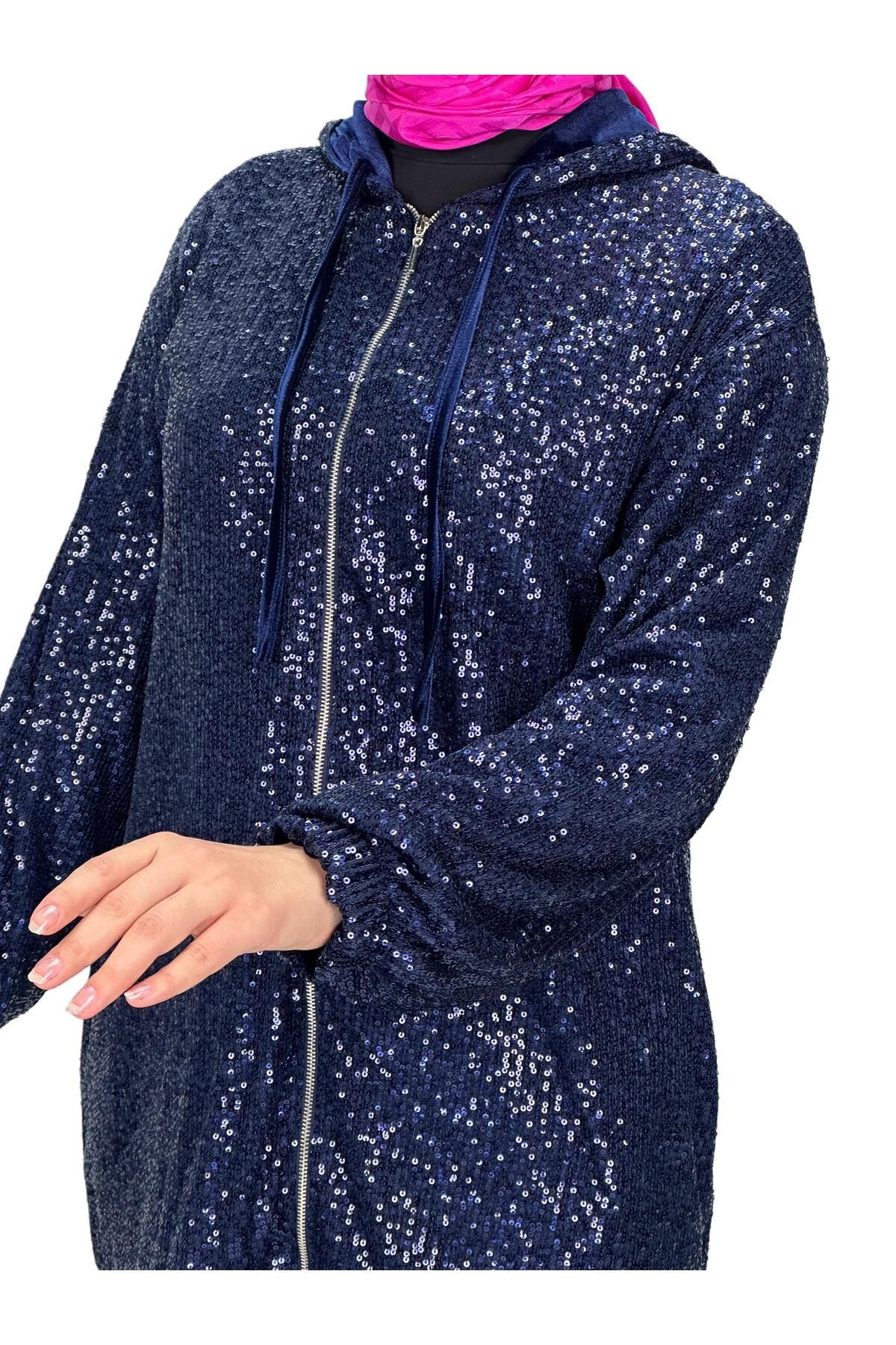 ottoman wear-Navy Blue Sequined Velvet Set - Otw8440 6