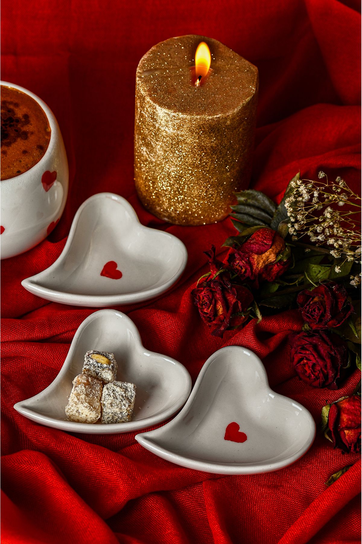 Anadolu Saray-Set of 4 Handmade Ceramic Heart Design Coffee Side Turkish Delight Bowl and Jam Presentation Dish Decorative Plate 3